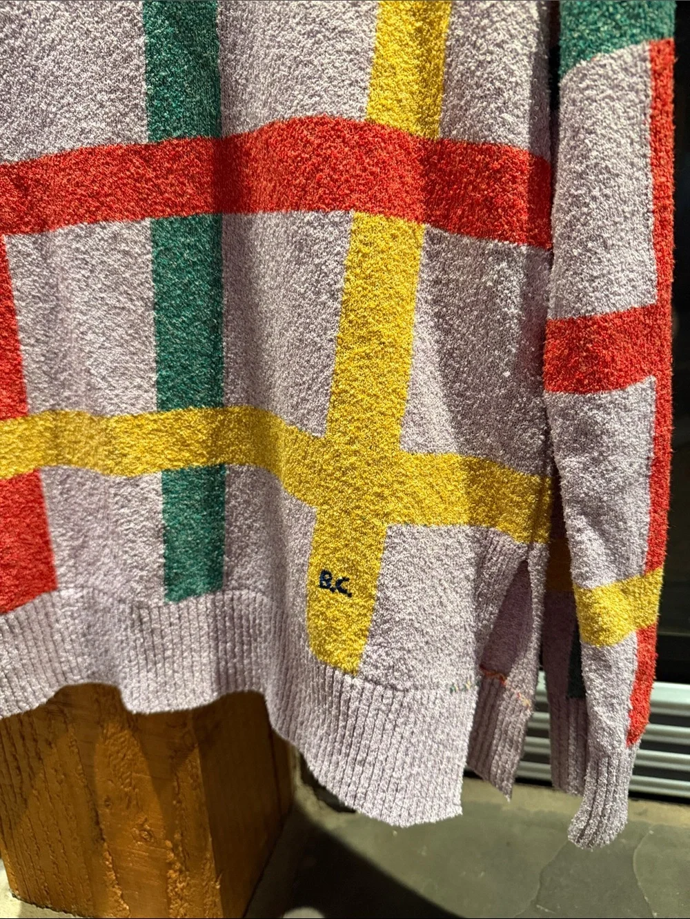 Bobo Choses Lavender Crewneck Sweater with Red, Green and Yellow Plaid - Picture 5 of 11